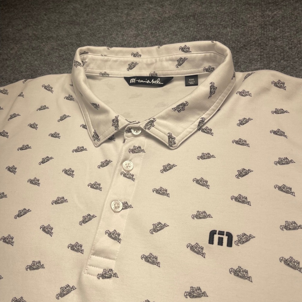 Travis Mathew Mens XXXL White Bulldozer Print Polo Shirt Empire Cat Logo